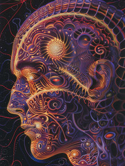 Psychedelic portrait of a man with blue swirling patterns. Surreal art concept suitable for album covers and avant-garde poster design