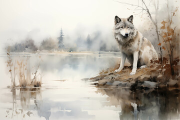 A watercolor painting of a wolf on the edge of a pond amidst the mist. - obrazy, fototapety, plakaty