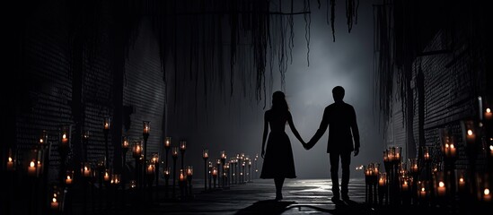 A couple holding hands in a dimly lit room surrounded by candlelight