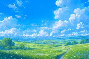 The background is a blue sky and white clouds, with green grasslands