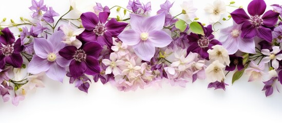 Flowers arranged in purple and white on a white surface
