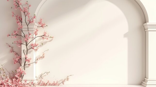 Abstract image of an minimalistic backdrop. Composition of flowers, greenery, petals, branches on a white background, arches, stucco molding. Beige colors, warm shades, art, flora. Generative by AI