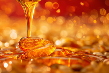 A viscous stream of honey flows out, forming bright, shiny drops on a red background, on a red blurred background with golden reflections of honey