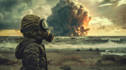 Child facing nuclear aftermath gas mask on