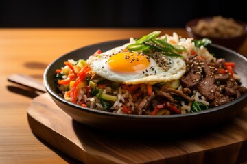 Hearty bibimbap on a wooden board against a patterned gift wrap paper background