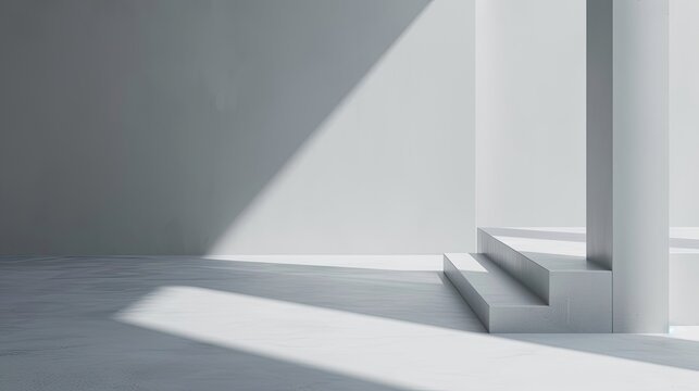 Abstract image of an empty white room made in a flat style, minimalism, stairs, steps, column. Architecture, interior, lack of furniture, unusual design. Generative by AI