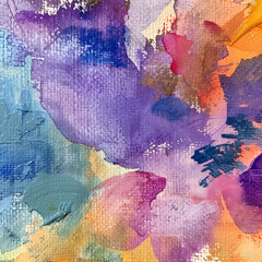 Close-up of watercolor flowers on canvas, Watercolor Paint Texture, Purple and Orange Abstract, Modern Art Close-Up, AI Generation