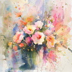 Watercolor painting of a bouquet of flowers, Watercolor Bouquet, Vibrant Pastel Hues, Artistic Floral Expression with Copy Space, AI Generation