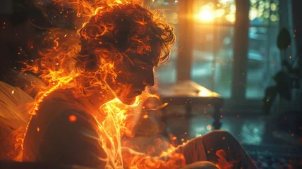 Fotobehang Portrait of inner turmoil: A man contemplates in flames, a visual metaphor for the anguish of living with anxiety,generative ai © LomaPari2021