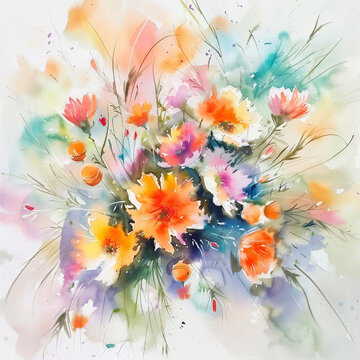 Watercolor painting of a bouquet of flowers, Abstract Floral Watercolor, Vivid Autumn Colors, Expressionist Botanical Illustration, AI Generation