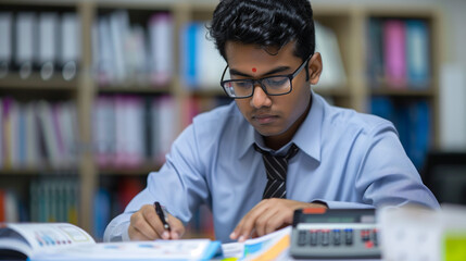 Indian young male accountant, financial analyst and auditor working focused in office at desk with documents and calculator - obrazy, fototapety, plakaty