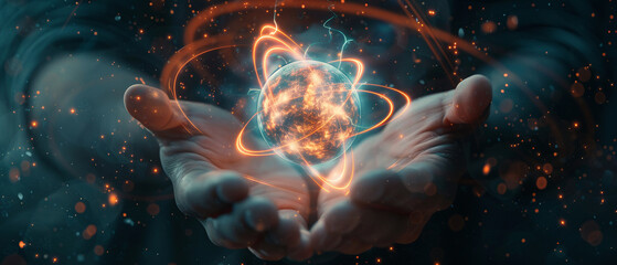 Cosmic background with radiant atom symbol in hands - obrazy, fototapety, plakaty