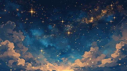 Watercolor, beautiful night sky with stars and clouds, muted pastel tones