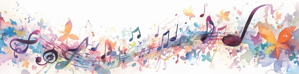 watercolor music notes banner, white background