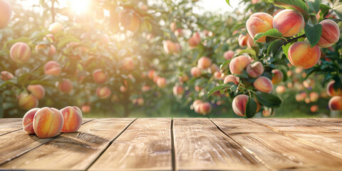 Empty wooden kitchen table over peach fruit garden background - obrazy, fototapety, plakaty