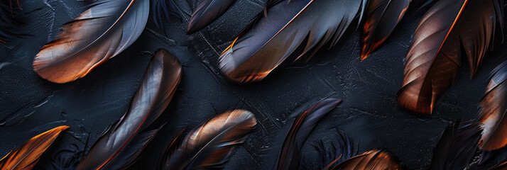 A serene array of dark feathers with subtle orange accents artfully arranged on a black backdrop - obrazy, fototapety, plakaty