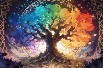 Yggdrasil, tree of life in rainbow colors, black background