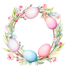 Naklejka na ściany i meble Watercolor Easter wreath with eggs in pastel colors isolated on white background