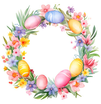 Watercolor Easter wreath with eggs in pastel colors isolated on white background