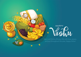 Happy Vishu greetings. April 14 Kerala festival with Vishu Kani, vishu flower Fruits and vegetables in a bronze vessel. abstract vector illustration design
