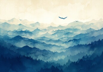Ink painting, mountains and birds in the sky, distant view, delicate lines,