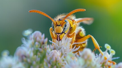 The bee makes honey on the flower's core -- up close