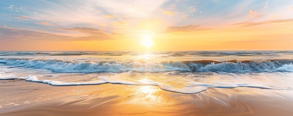 A beautiful sunrise over the ocean, with golden sunlight reflecting on the sand and waves crashing onto it