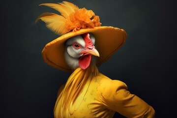 a rooster in a yellow suit and hat, being stylish and fashioned