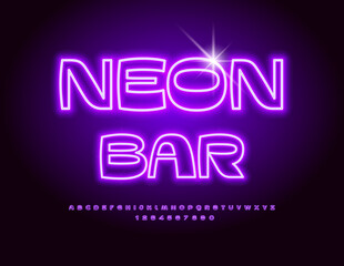 Vector trendy Banner Neon Bar. Bright Neon Font. Cool Glowing Alphabet Letters and Numbers set.