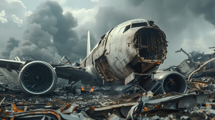 The catastrophic aftermath of an airplane crash with twisted metal and debris captures the tragic moment in stark detail - obrazy, fototapety, plakaty