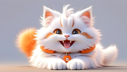 A cartoon-style illustration of a fluffy white and orange cat with a big smile and a collar with a bell.