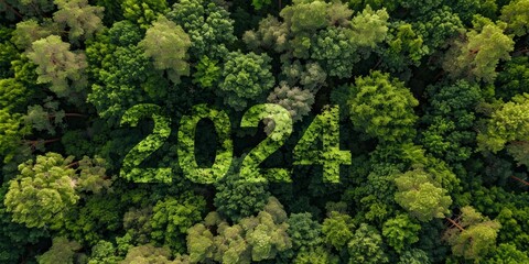 Aerial view of a forest with the numbers 2024 and an outline of Earth visible among the trees