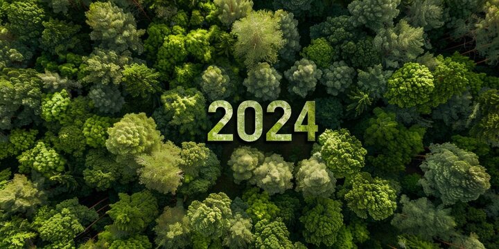 Aerial view of a forest with the numbers 2024 and an outline of Earth visible among the trees
