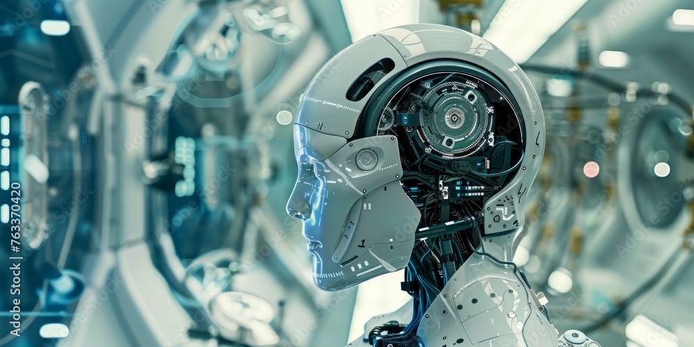 Aufkleber futuristic robotic head with advanced interface elements and machinery in the background
