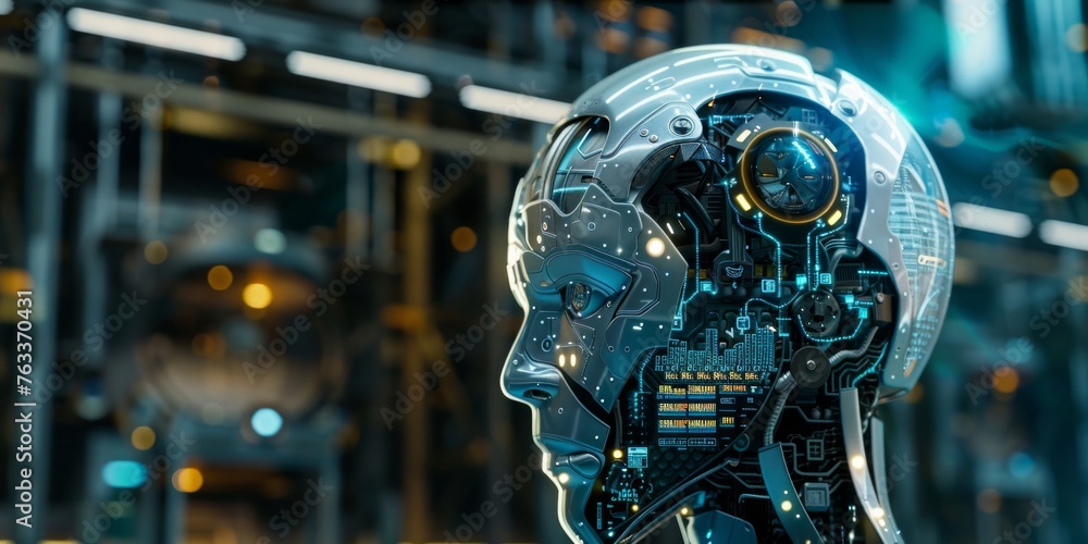 Aufkleber futuristic robotic head with advanced interface elements and machinery in the background