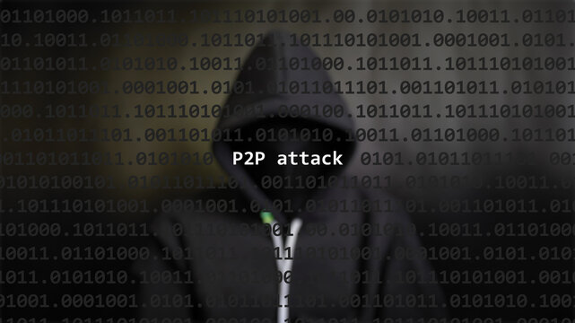 Cyber attack p2p attack text in foreground screen, anonymous hacker hidden with hoodie in the blurred background. Vulnerability text in binary system code on editor program.