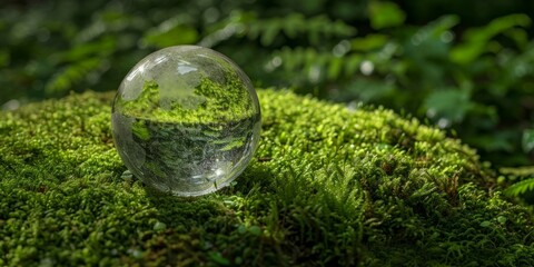 Glass globe on a mossy surface symbolizing environmental concepts