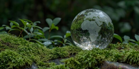 Glass globe on a mossy surface symbolizing environmental concepts
