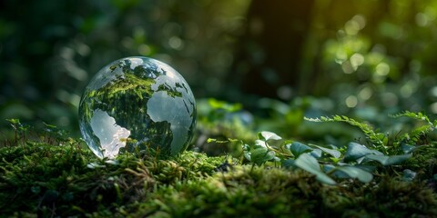 Obraz na płótnie Canvas Glass globe on a mossy surface symbolizing environmental concepts