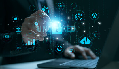 cybersecurity for business managed the document privacy to protection online data by lock icon virtual screen technology.protecting personal data on laptops interfaces prevent mail from scammer hacker
