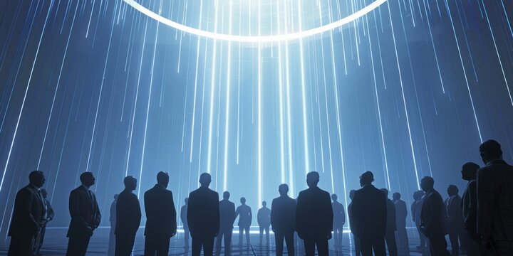 Group of businessmen in suits facing a futuristic circular light structure with vertical light streams