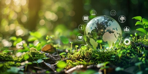 Glass globe on forest floor with sustainable energy icons