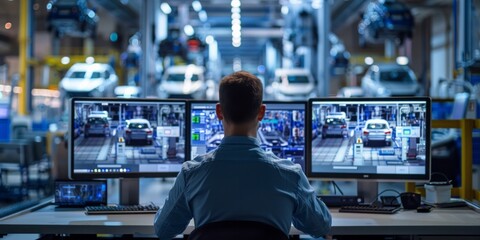 Operator monitoring automotive manufacturing on multiple computer screens - obrazy, fototapety, plakaty