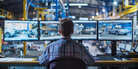 Operator monitoring automotive manufacturing on multiple computer screens - obrazy, fototapety, plakaty