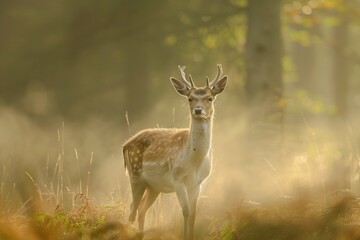 Serene deer in forest, morning mist, close-up, calm presence, natural woodland setting, tranquil
