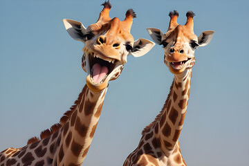 Fototapeta premium Caricature of a very large toothy wide smile smiling giraffe. Two giraffes with a white smile look at the camera against a blue sky. Playground AI platform