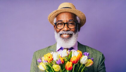 Senior bearded old man wearing framed eyeglasses with a bouquet of flowers smiling at the camera, isolated on lilac background - Powered by Adobe