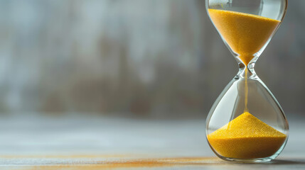 An hourglass with golden sand counts down time on a blurred background