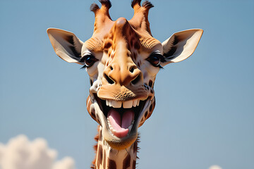 Caricature of a very large toothy wide smile smiling giraffe. giraffe looks at the camera with a white smile. Playground AI platform - obrazy, fototapety, plakaty