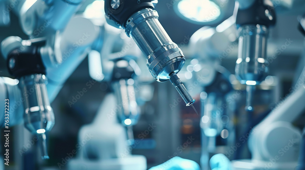 Aufkleber a robot with a tool in its hand is surrounded by other robots
